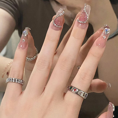 Decorative Press-On Nail Set with Elegant Gemstone Accents Bowlift