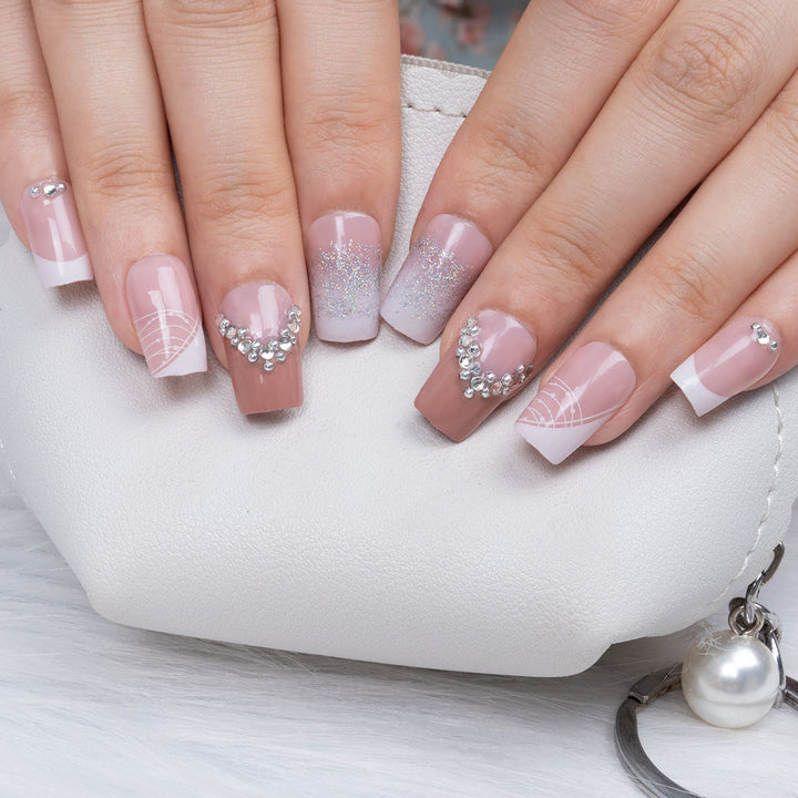 Decorative Press-On Nail Art Set with Rhinestone Accents Bowlift