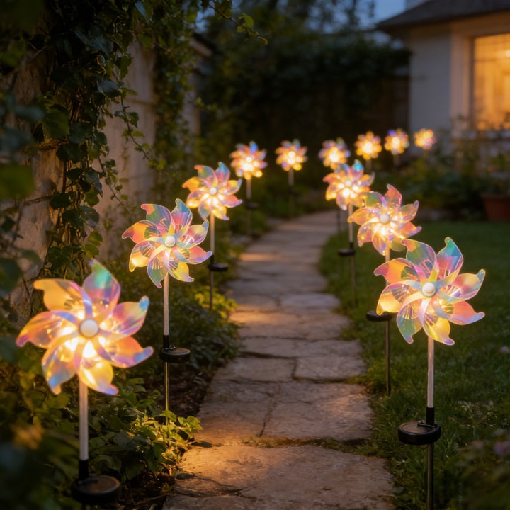 LED Solar-Powered Spinning Pinwheel Pathway Stake Lights Bowlift