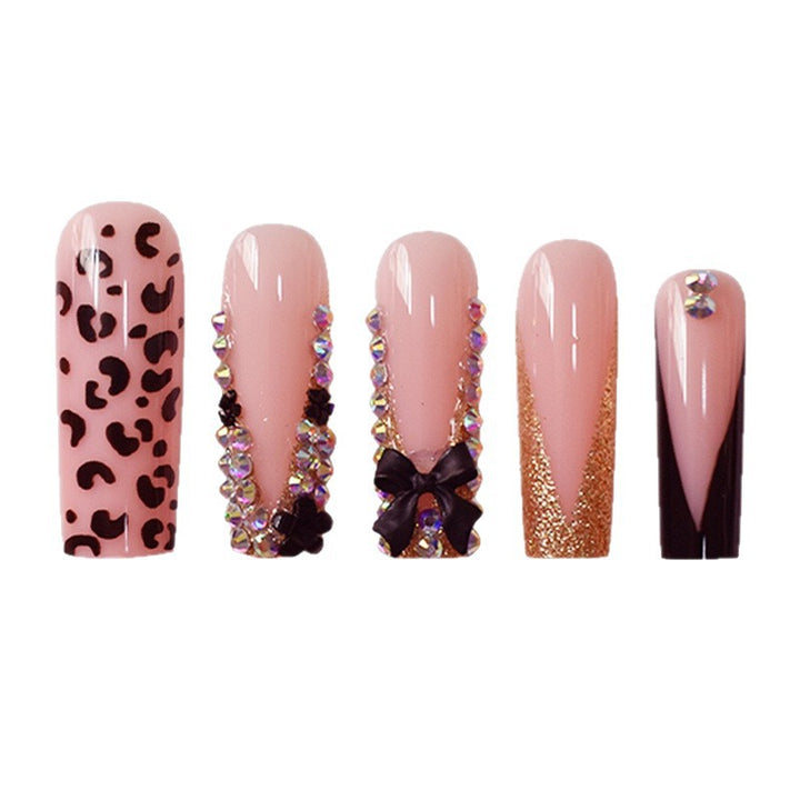 Glamorous Press-On Nail Art Set with Rhinestone and Leopard Accents Bowlift