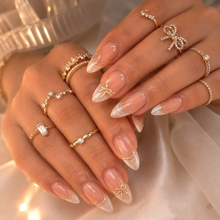 Artificial nails with Elegant French Design and Golden Decorations Bowlift