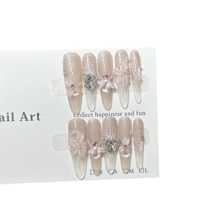 Decorative Press-On Nail Art Set with Floral and Gemstone Accents Bowlift