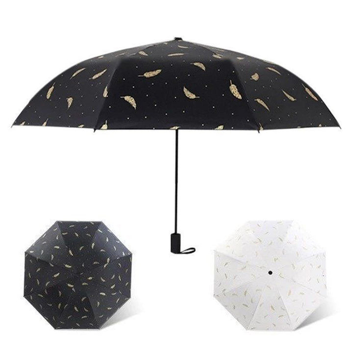 Women's Foldable Elegant Umbrella with Artistic Feather Design Bowlift
