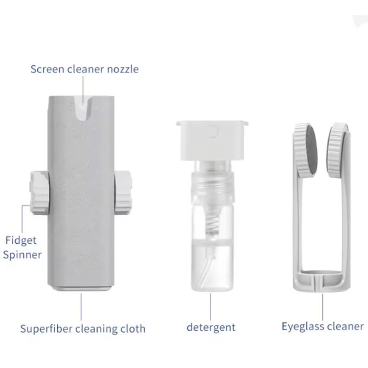 Precision eyewear and screen cleaning kit with superfiber cloth refillable spray nozzle and tactile fidget knobs Bowlift