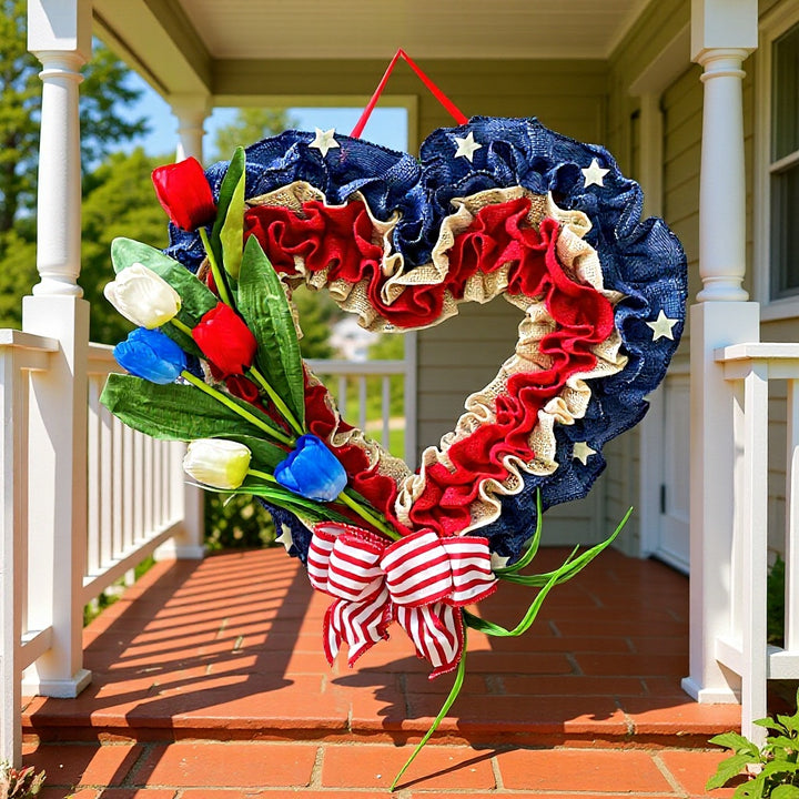 Unisex heart-shaped door wreath made of jute with star embellishments and artificial tulips Bowlift