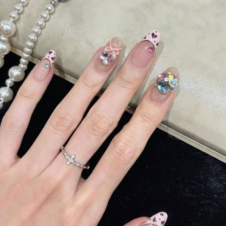 Decorative Press-On Nail Art Set with Heart and Gem Accents Bowlift