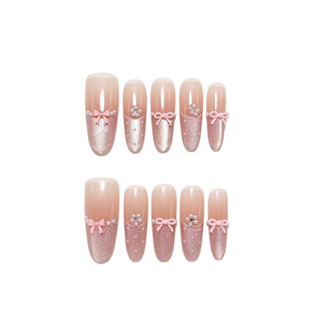 Elegant Artificial Nails with Delicate Gradients and Ribbons Bowlift
