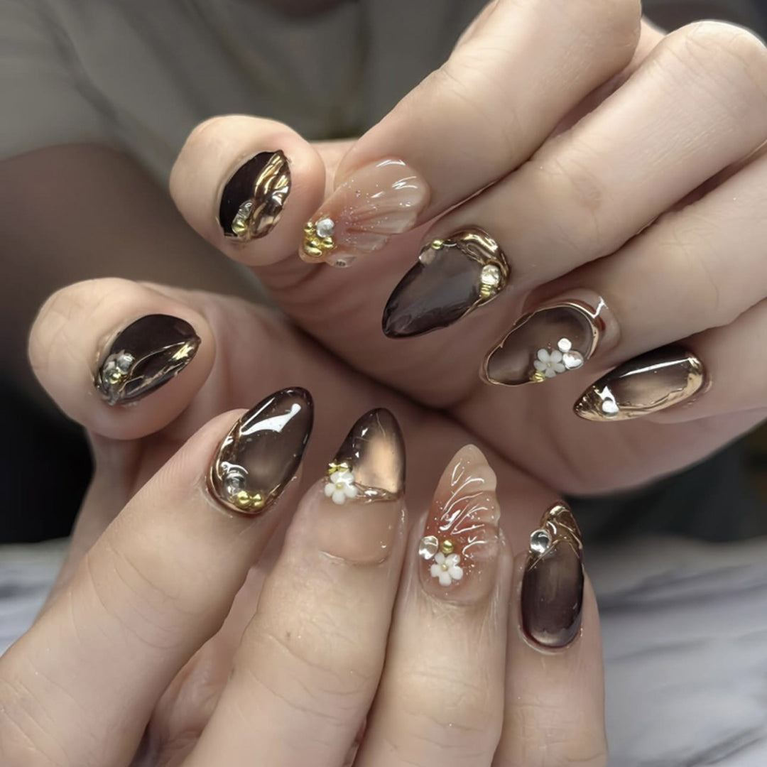 Artful nail extensions with elegant 3D flower embellishments Bowlift
