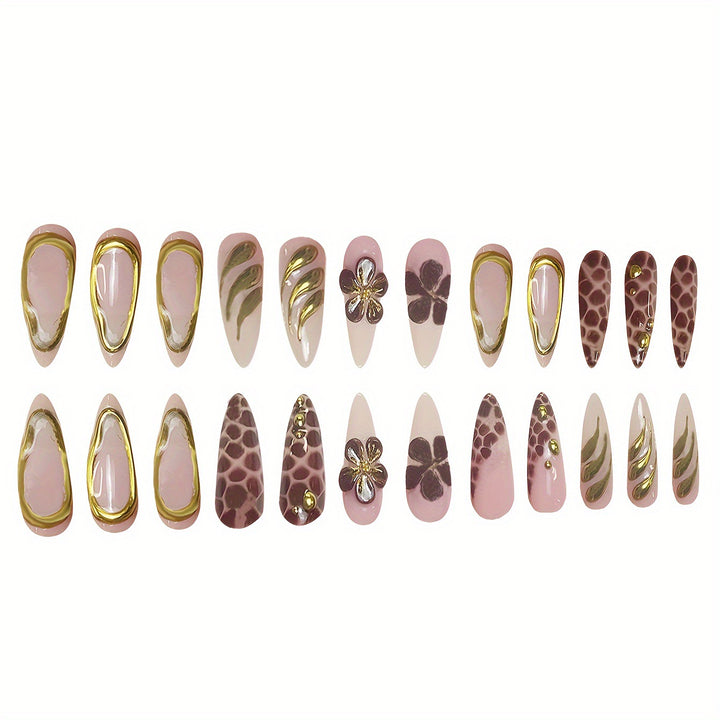 Artistic Press-On Nail Set with 3D Floral Accents Bowlift
