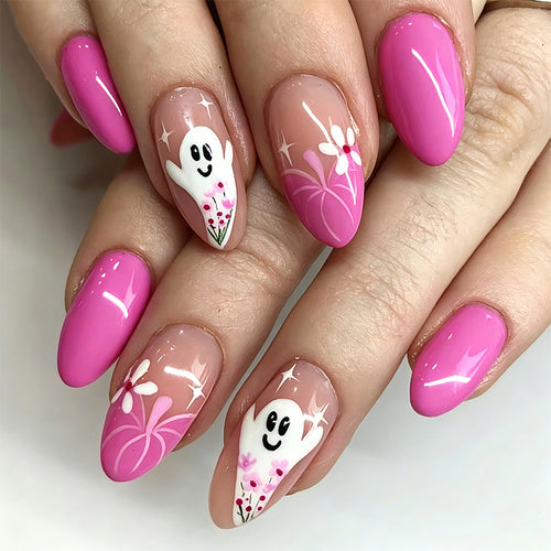 Creative nail tips with ghost design and flower motifs Bowlift
