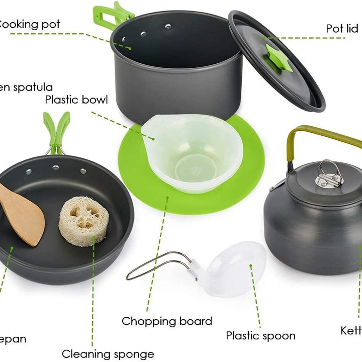 lightweight non-stick camping cookware set with folding handles kettle pot pan utensils and mesh carry bag Bowlift