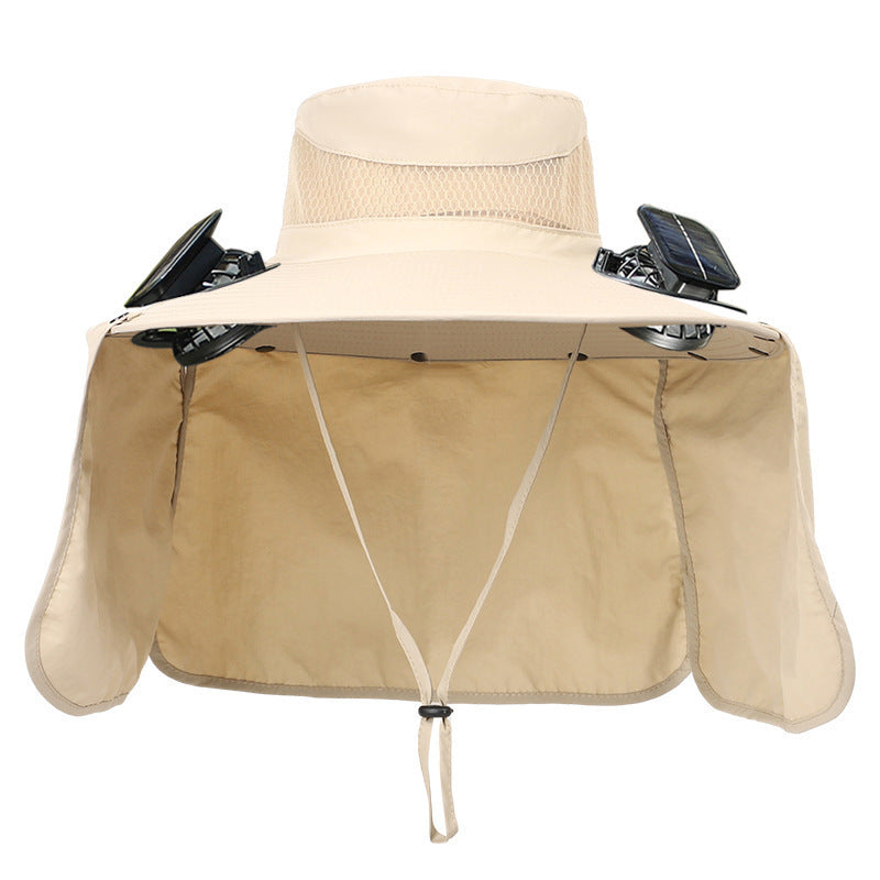 Sun hat with neck protection and integrated solar-powered dual fans Bowlift