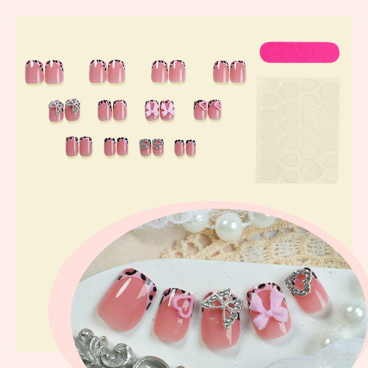 Decorative Press-On Nail Set with Artistic Bow and Heart Accents Bowlift