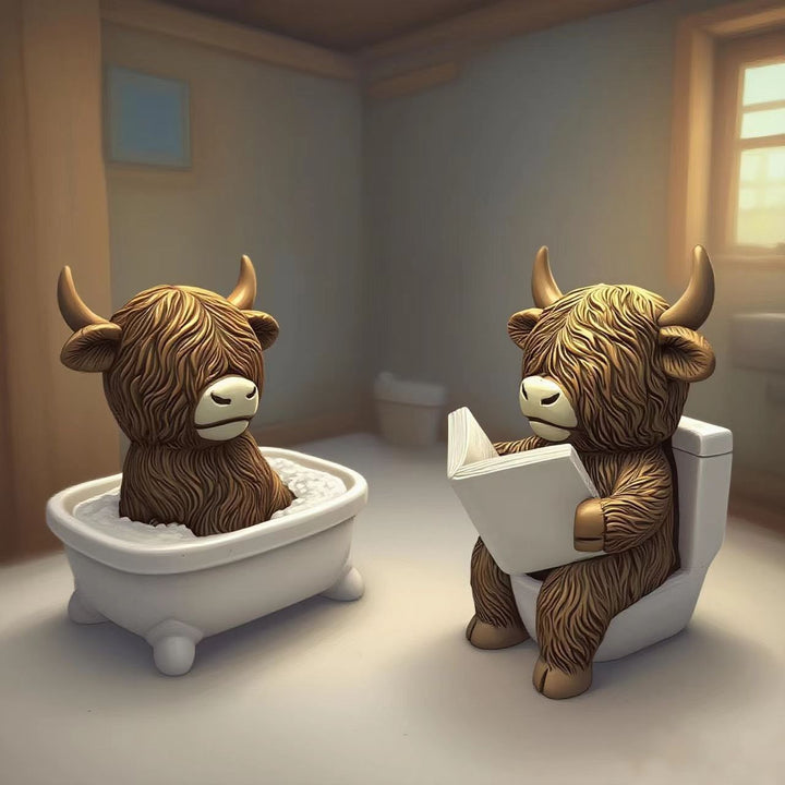 Funny decorative figure of a Highland cow in a bathtub Bowlift