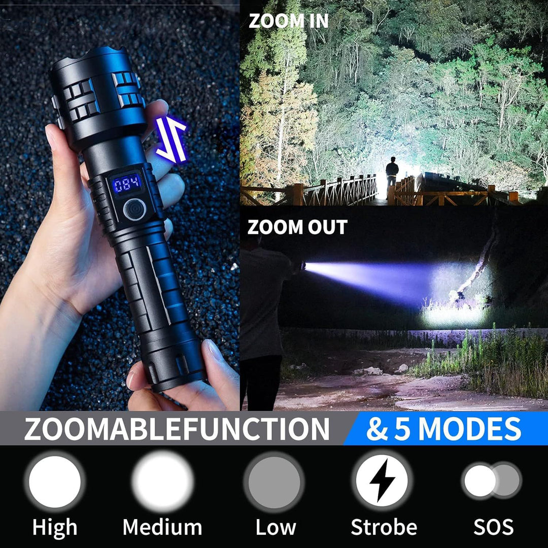 High-Powered Rechargeable Tactical LED Flashlight with Digital Battery Indicator and Zoom Focus Bowlift