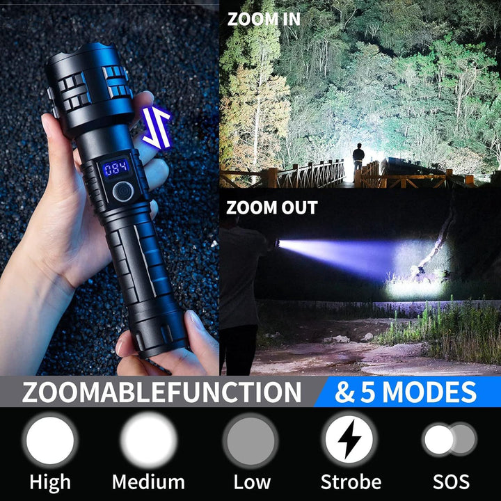 High-Powered Rechargeable Tactical LED Flashlight with Digital Battery Indicator and Zoom Focus Bowlift