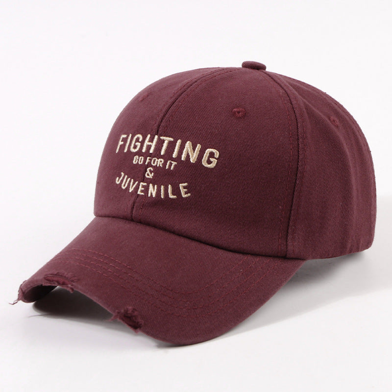 Women's Distressed Cotton Cap with Motivational Embroidery Bowlift