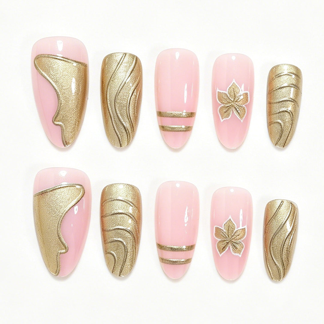Elegant Metallic Floral Accent Press-On Nails Bowlift