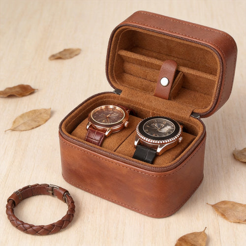 Compact Travel Leather Jewelry Organizer Box with Zippered Two-Tier Interior Bowlift