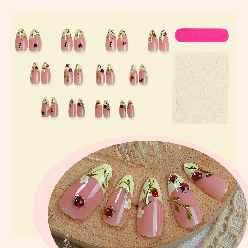 Floral Print Press-On Nails Set with Ladybug and Bee Designs Bowlift