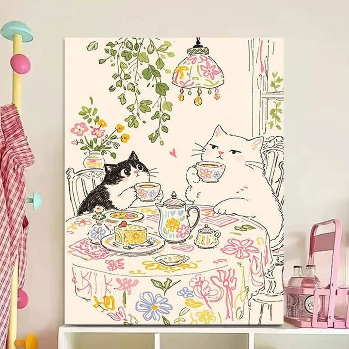 Whimsical Cat Illustration Canvas Art Print Bowlift