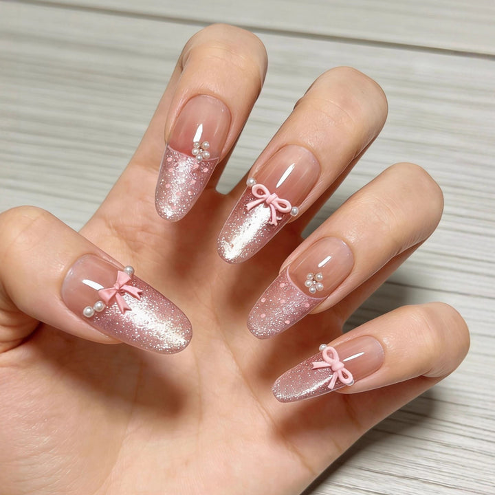 Elegant Artificial Nails with Delicate Gradients and Ribbons Bowlift