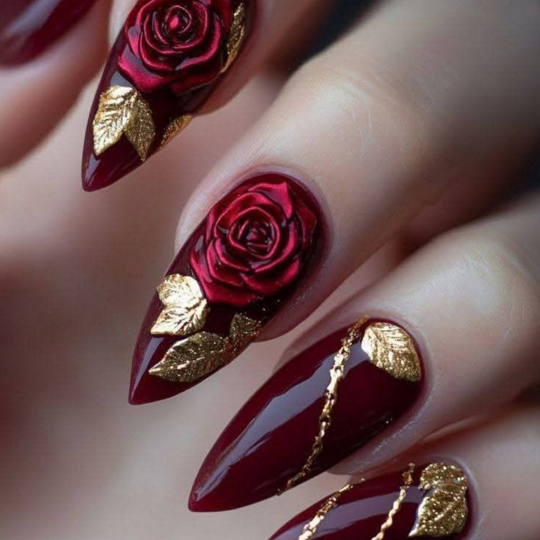 Rose-Accent Stiletto Nail Art Extensions Bowlift
