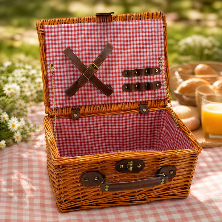 Ladies Luxury Picnic Basket with Offset Dish Compartment and Floral Lining Bowlift