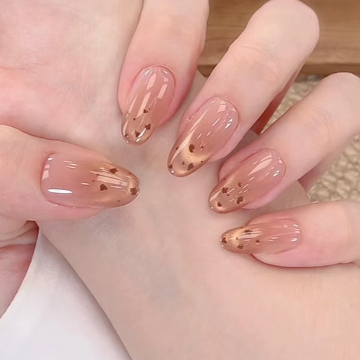 Artistic Press-On Nail Set with Heart and Gold Flake Design Bowlift