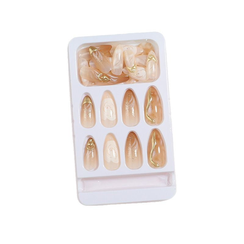 Artistic Press-On Nail Set with Gold and Floral Accents Bowlift