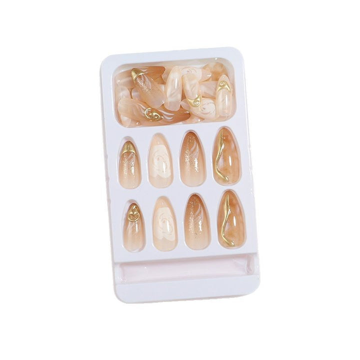 Artistic Press-On Nail Set with Gold and Floral Accents Bowlift