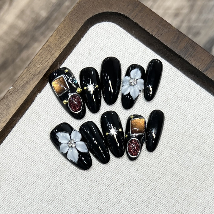 Decorative Press-On Nail Art Set with Floral and Crystal Accents Bowlift