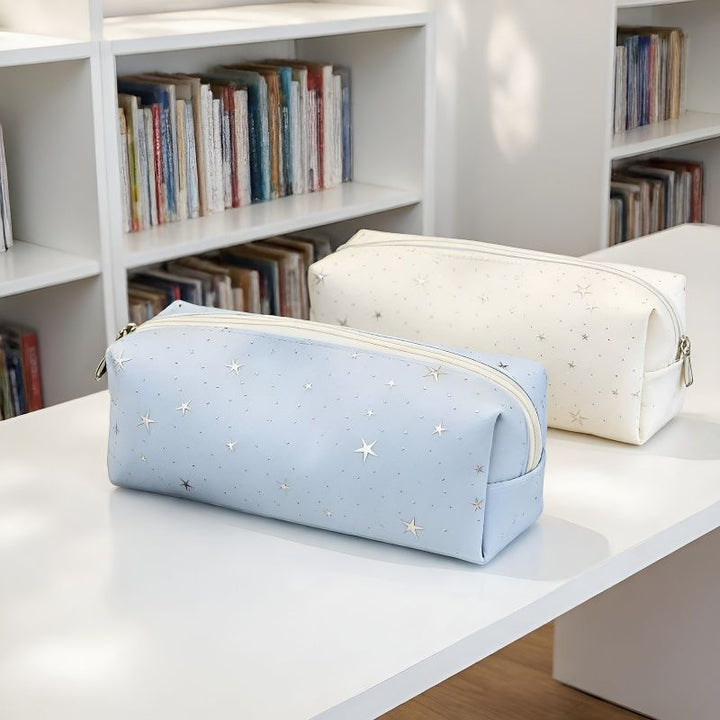 Star-Print Faux Leather Rectangular Pencil Case and Makeup Pouch Bowlift