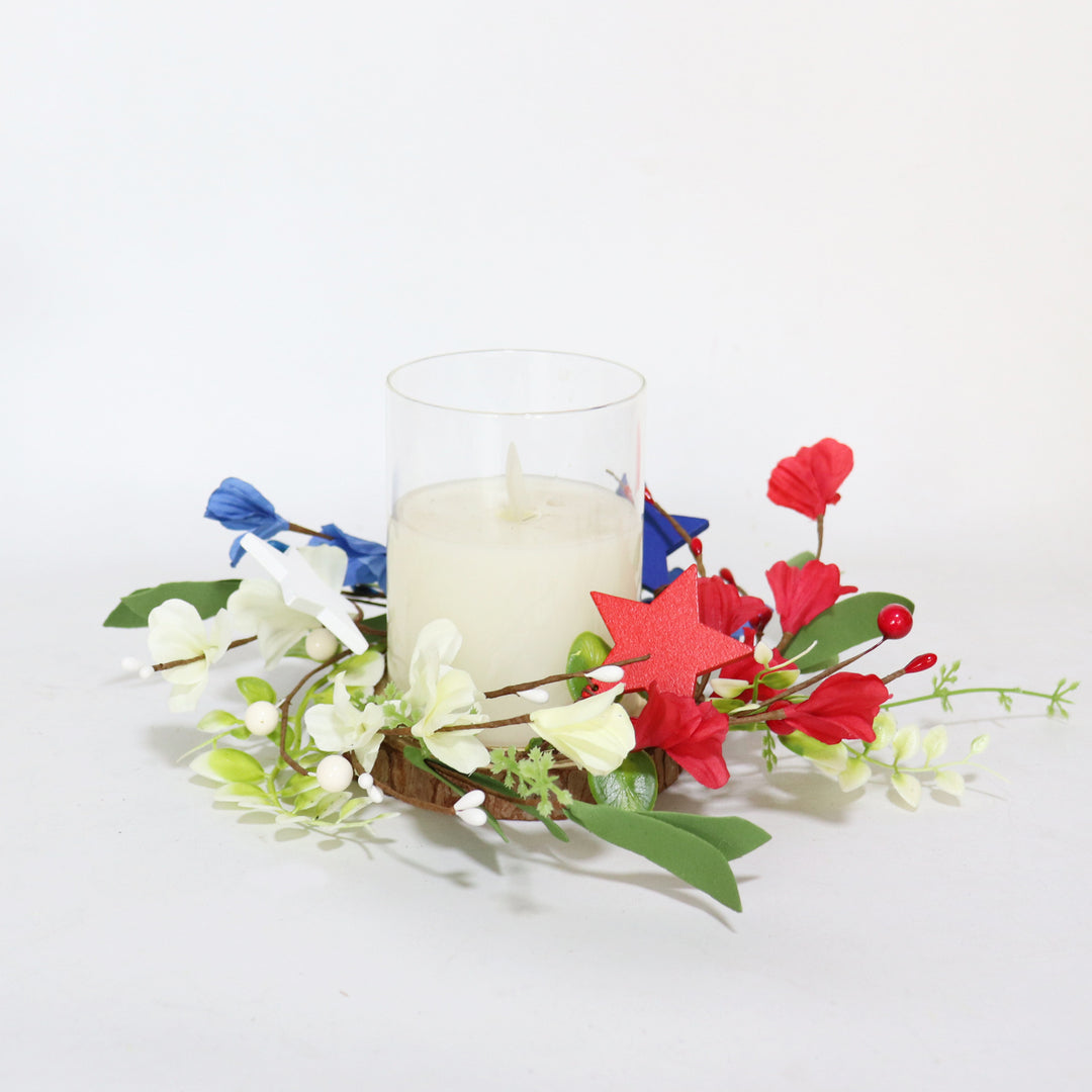 Unisex hand-crafted door wreath with wooden stars, artificial flowers, and flexible vine branch Bowlift