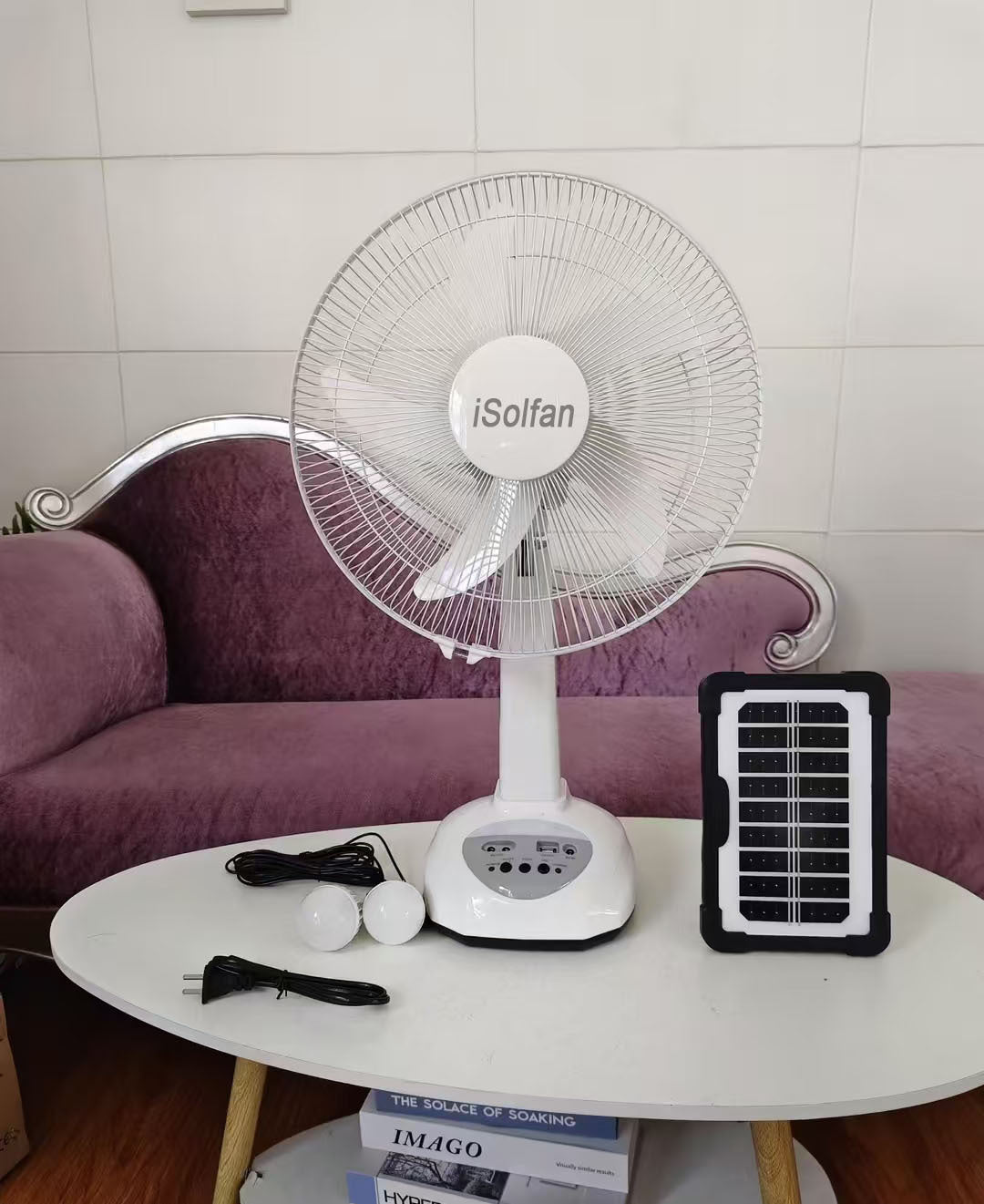 Women's portable solar stand fan with LED lighting and integrated USB connection Bowlift