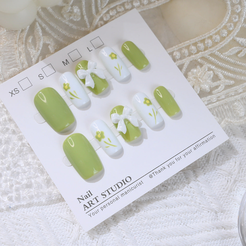 Decorative Press-On Nail Set with Floral Bow Design Bowlift