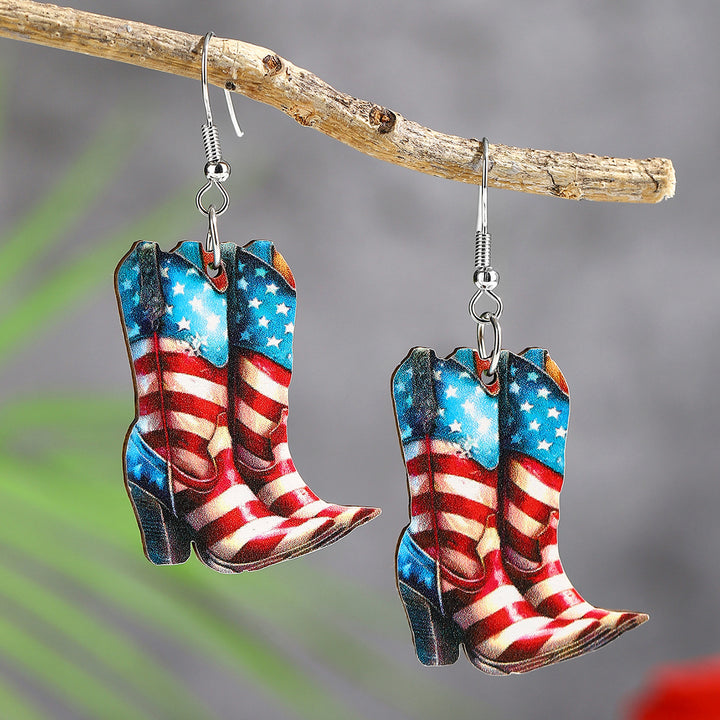 Ladies nan cowboy boots earrings with flag pattern made of lightweight wood Bowlift