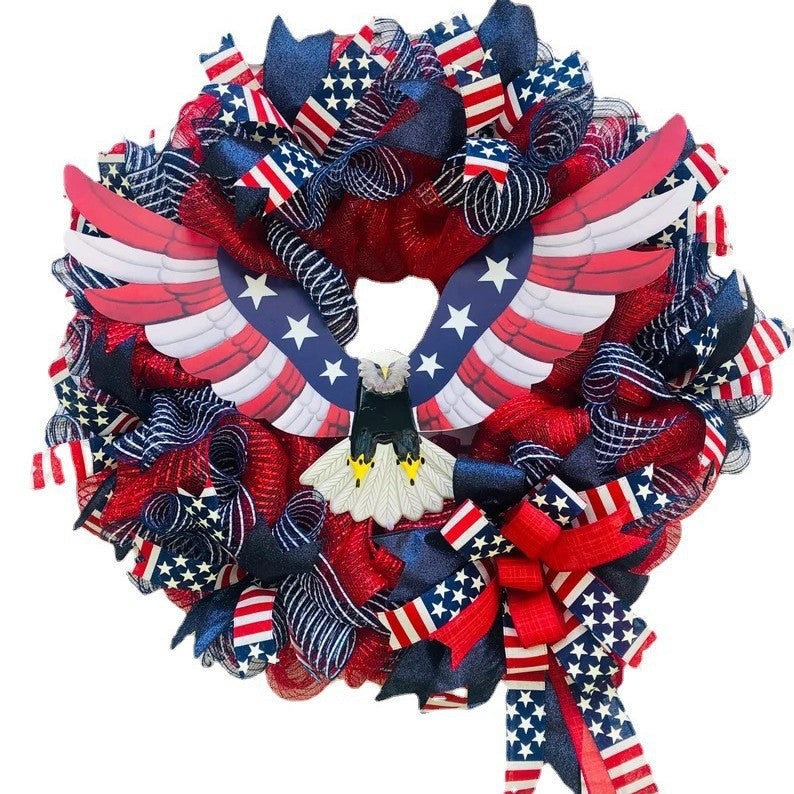 Unisex handmade decorative wreath made of polyester mesh with eagle centerpiece and Americana ribbons Bowlift
