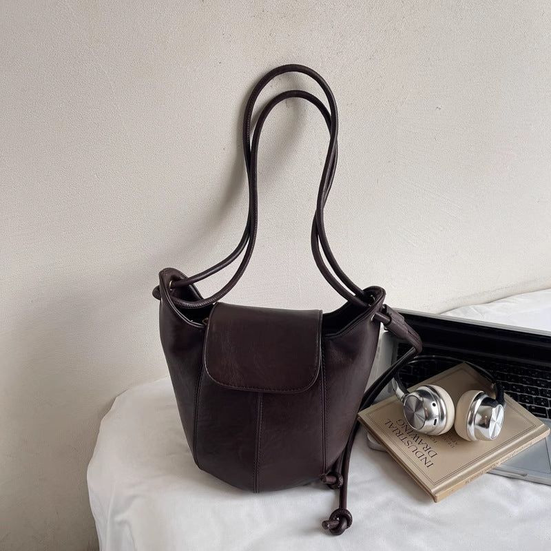 Vintage-Inspired Leather Drawstring Bucket Bag Bowlift