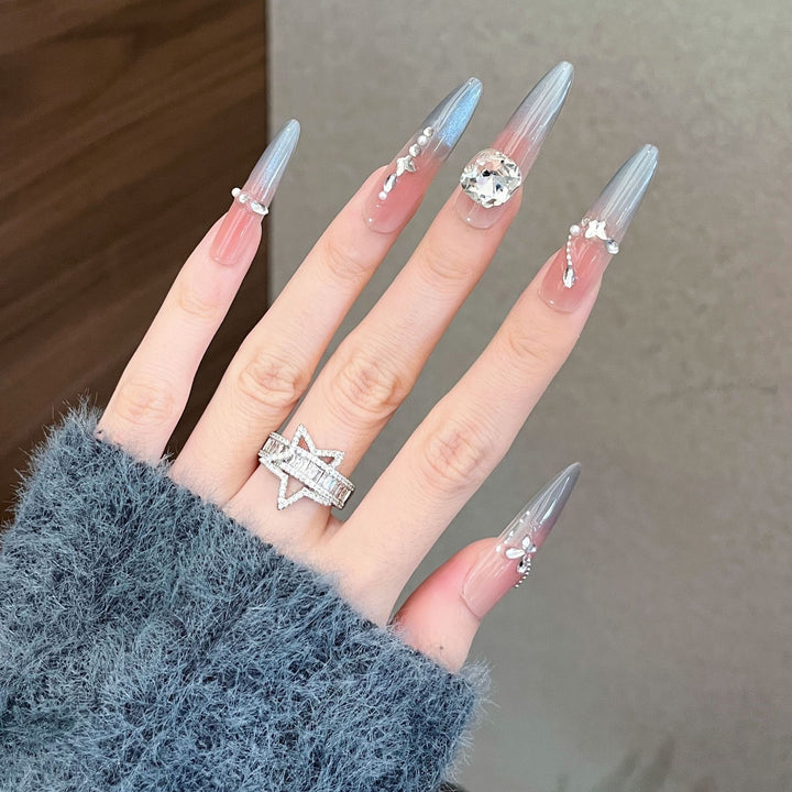 Decorative Crystal-Embellished Long Stiletto Press-On Nails Bowlift