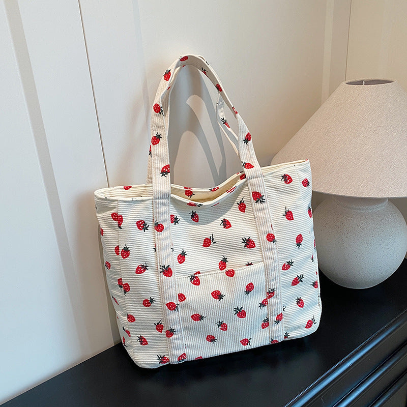 Playful Strawberry Print Corduroy Tote Bag Bowlift
