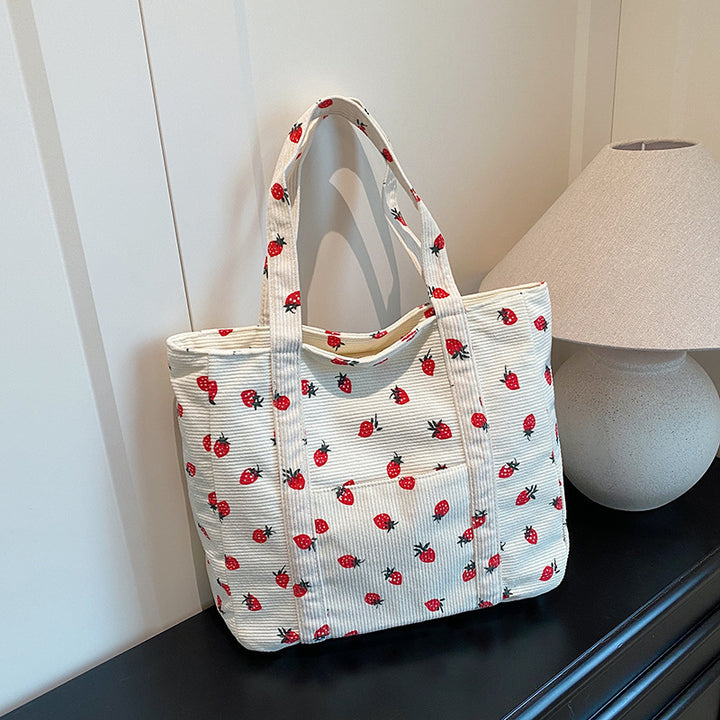 Playful Strawberry Print Corduroy Tote Bag Bowlift