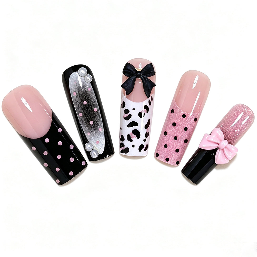 Decorative Press-On Nail Art Set with Polka Dots and Bows Bowlift