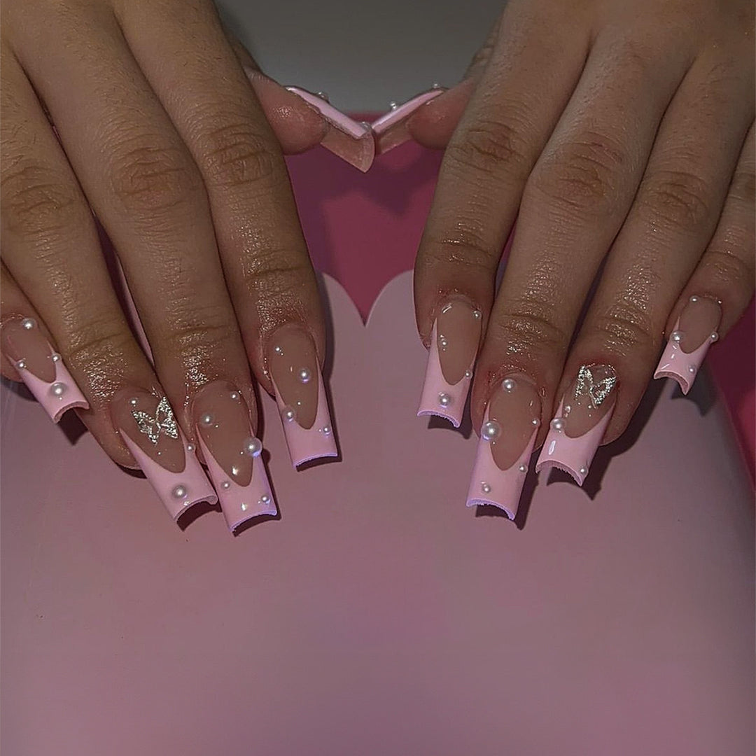 Acrylic nail set with stylish 3D pearl and glitter decorations Bowlift