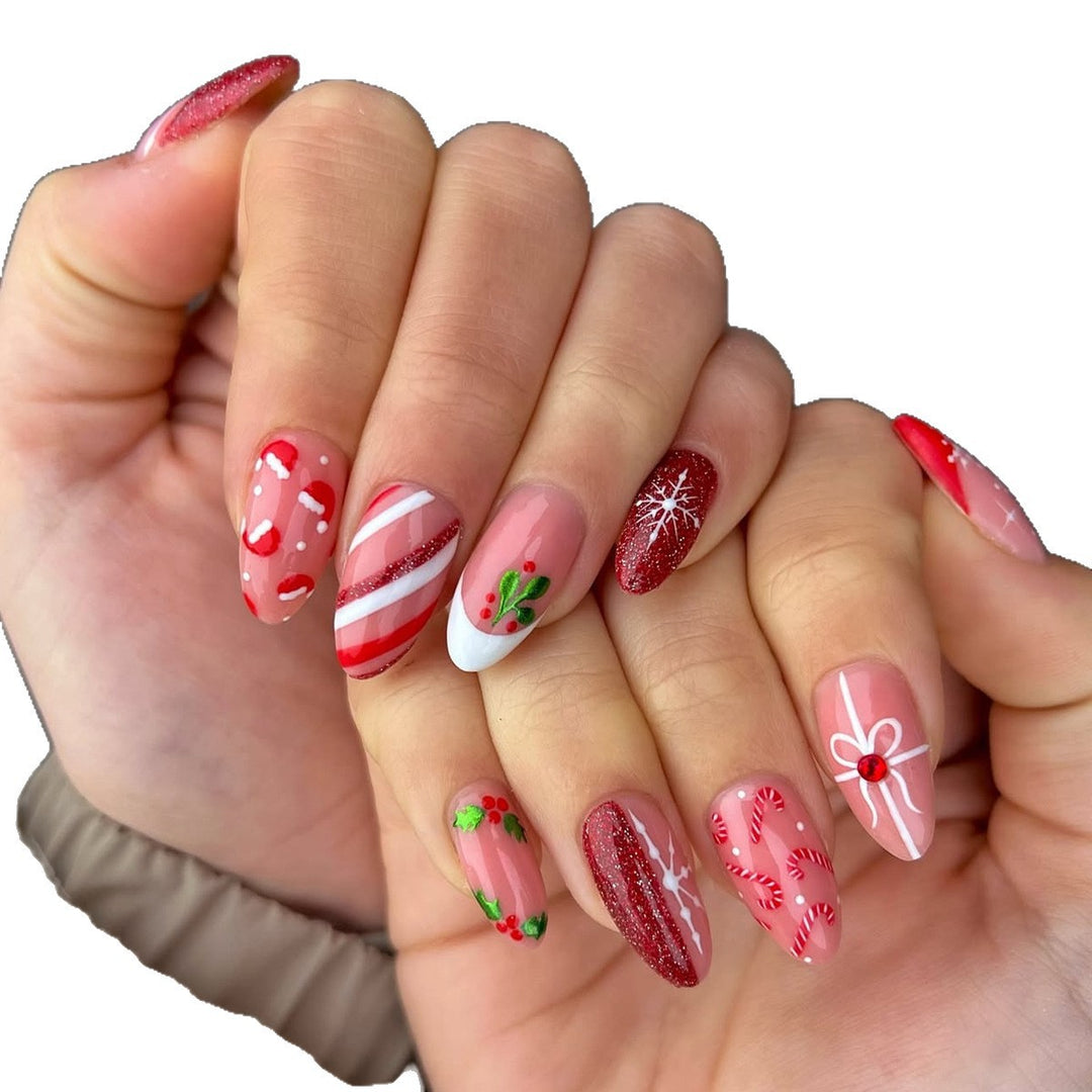 Art nail set with festive candy cane and Christmas motifs Bowlift