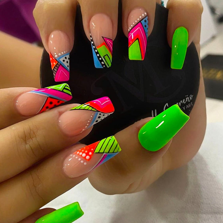 Artistic Neon Geometric Press-On Nail Art Extensions Bowlift