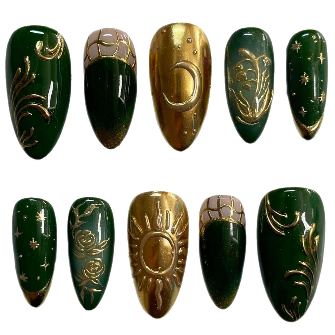 Artistic Press-On Nail Art Set with Celestial and Floral Designs Bowlift