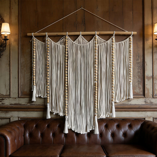 Macramé wall hanging with intricate fringes and wooden beads