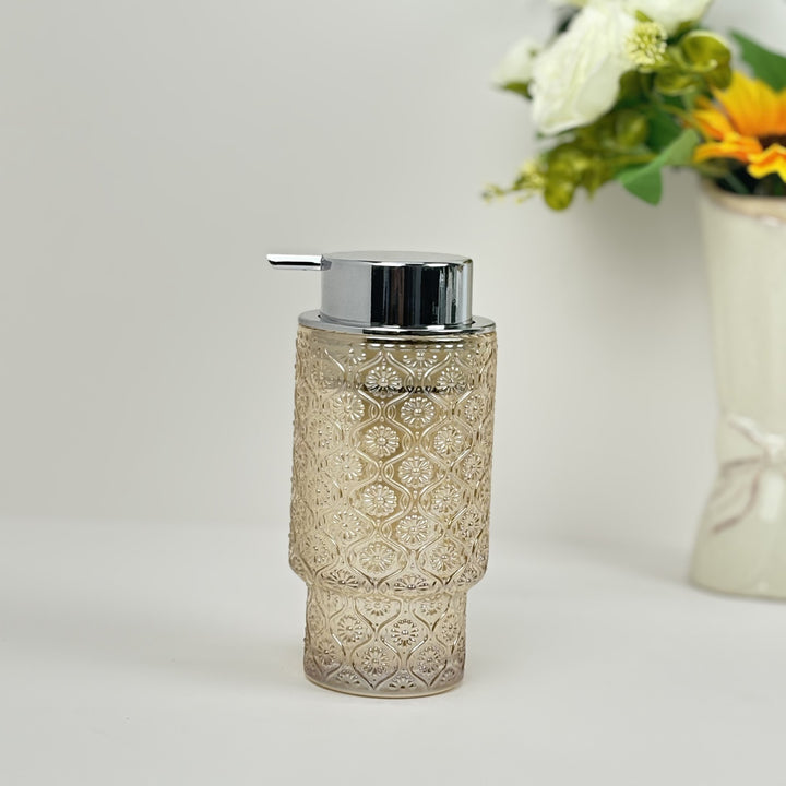 Embossed vintage glass vanity organizer set with pump dispenser and toothbrush cup Bowlift