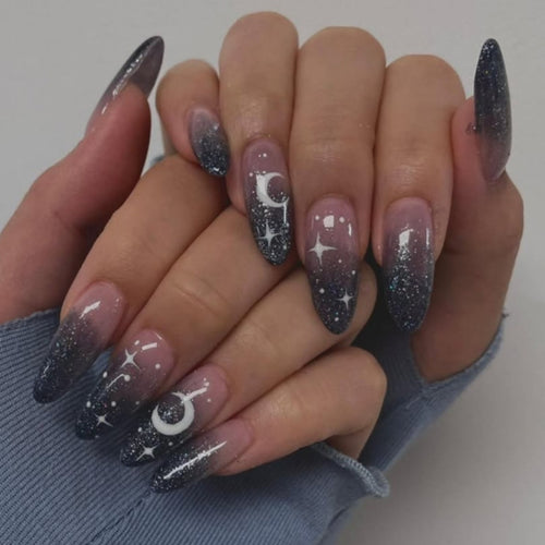 Artistic Ombre Press-On Nail Set with Celestial Design Bowlift